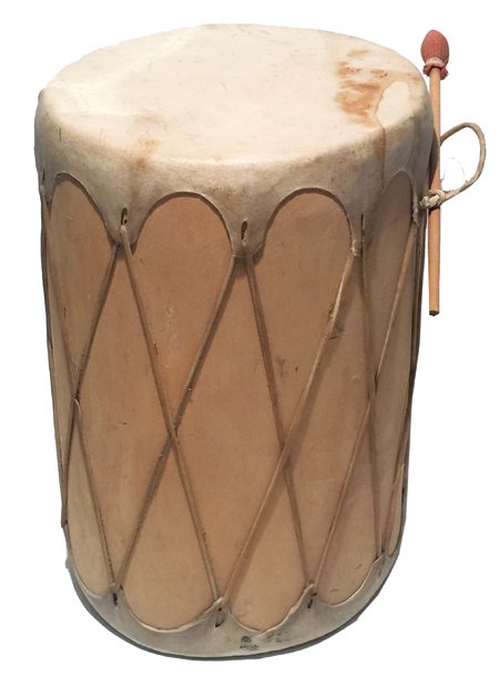 Pueblo Drum: Ca. 1960s, Classic stretched rawhide and cottonwood log drum with handle, includes beater. Excellent condition. 16" x 10"