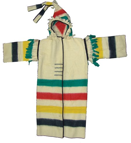 Hudson's Bay Capote: Late 1900s, Old style trappers coat with hood, handmade from a four-point blanket. Very good usable condition. 49" long x 23" wide, 61" armspan