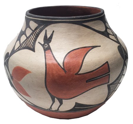 Zia Pottery Jar: Ca. 1955, Outstanding polychrome pottery jar with classic Zia bird, fineline, and geometric/floral motif. Indented on base so the jar can be balanced on the head. Great condition, some paint rubbing/s