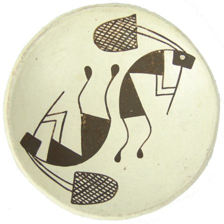 Acoma Pottery Dish - Lucy M. Lewis: Ca. 1970s, Small fine black-on-white pottery dish with opposing Kokopelli figures. Very good condition. 7/8" x 4-1/2"