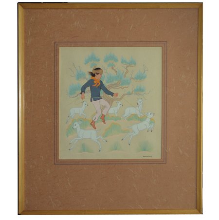Harrison Begay, Navajo (1914-2012): Ca. 1960s, Beautiful high quality vintage silkscreen print showing a young Navajo boy catching a lamb. Very good condition. 11-1/2" x 11" (21-3/4" x 19-3/4" framed)