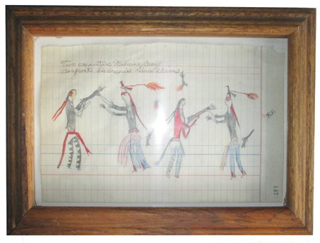 Ledger Drawing: Modern, Smaller hand colored ledger-style drawing depicting Medicine Crow's battle with his Sioux enemies. Good condition. 11-1/8" x 7-1/4" (15" x 11" framed)