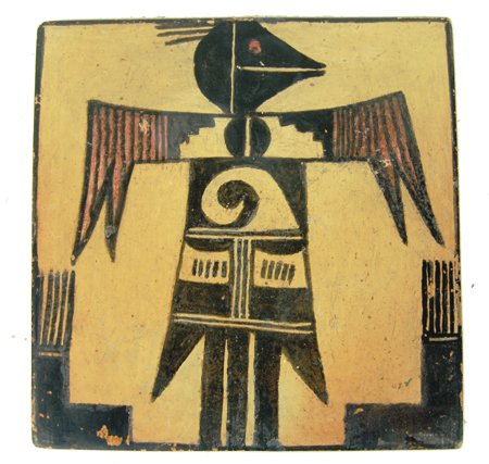 Hopi Pottery Tile: Early/Mid 1900s, Sturdy and thick polychrome pottery tile or trivet with large bird figure. Good condition, possibly some touch-ups. May be signed, but previous owner backed it with cloth. 1/2" x 7-1/