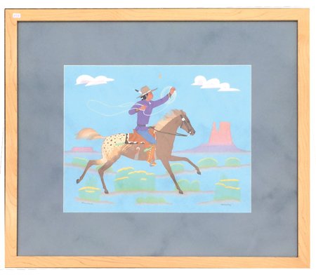 Harrison Begay, Navajo (1914-2012): Ca. 1970s, Outstanding signed watercolor titled "Lassoing Cowboy on his Appaloosa horse," a traditional scene, matted and framed. Great condition. 13" x 16" (22" x 25" framed)