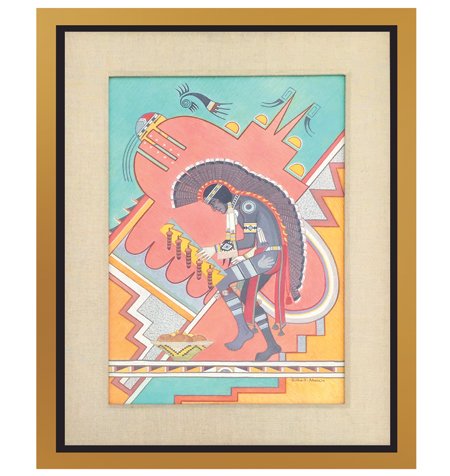 Gilbert Atencio, San Ildefonso (1930-1995): Ca. 1970s, Fabulous matted and framed pastel titled "Dog Dance." Great condition. 22" x 15" (29-1/2" x 22-1/2" framed)