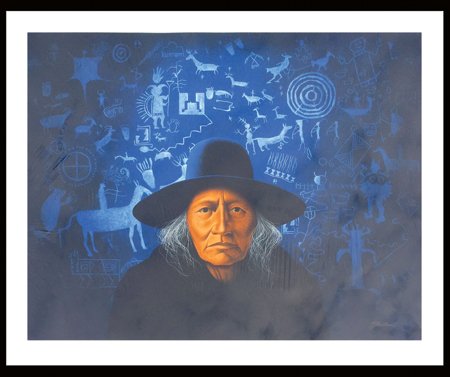 Frank Howell, Lakota (1937-1997): Ca. 1970s, Outstanding giclee print titled "Navajo Man and Blue Petroglyphs," done by this painter of Native Americans and their dignity, signed in lower right corner. Great condition. 30" x 39-3/4" (