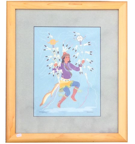 Harrison Begay, Navajo (1914-2012): Ca. 1970s, Superb watercolor depicting a traditional dance scene, titled "Young Navajo Dancer with Yei Wands." Great condition. 12" x 8-1/2" (19" x 15-1/2" framed)