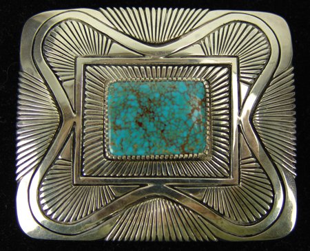 Navajo Belt Buckle - Gibson Nez: Ca. 1981, Outstanding hand stamped heavier gauge all-silver belt buckle with single, high quality Nevada Blue turquoise stone. Excellent condition. 2" x 3"