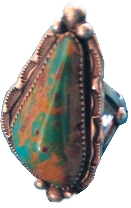 Navajo Ring: Ca. 1970s, Vintage silver ring set with single turquoise stone. Good condition, shows age and use. 6-3/4