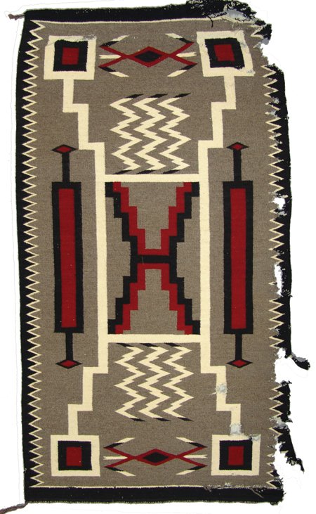 Navajo Rug/Weaving: Ca. 1960s-1970s, Striking storm pattern rug with bright colors and crisp designs, but has seen better days. Poor condition. 32" x 60"