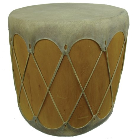 Taos Log Drum: Late 1900s, Rather large traditional Taos drum made from stretched rawhide over a hollowed cottonwood log. Very good condition. 16" x 16" x 16"