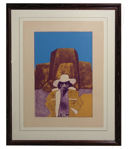 Fritz Scholder, Luiseño (1937-2005): Ca. 1975, Signed limited edition (#50/75) full color lithograph titled simply "Self Portrait with Hat." Very good condition. He did this piece in several different colors. 30" x 22-1/2" (40-1/2" x 32-