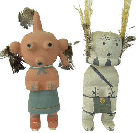 2 Hopi Carvings: Late 1900s, Beautiful pair of traditional hand carved and painted cottonwood root kachina dolls done in the old style. "White Cricket" and "Mudhead." Very good condition, minor repair. 11-1/2" & 12-1/