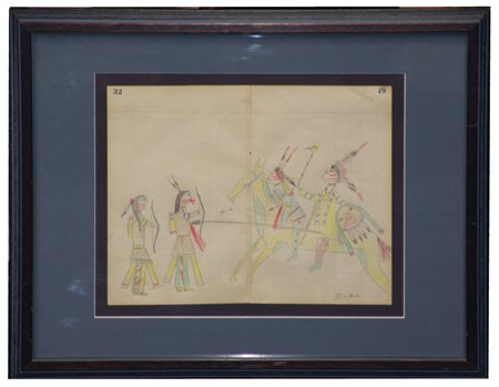 Ledger Drawing: Unknown, Beautiful framed and matted ledger drawing from Asa Battles' personal collection, signed "Koba." Good condition. *From the Asa Battles private estate. 9-1/8" x 11-5/8" (15-1/2" x 19-1/2")