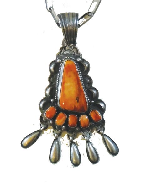 Navajo Pendant Necklace: Ca. 1990s, Unique silver pendant set with spondulus shell and hung on a benchmade silver chain, marked Marcella James. 22" long