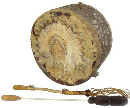 Lakota Log Drum: Mid 1900s, Wonderful hollowed log drum with rawhide faces painted with Indian head, plus two drum sticks. Good usable condition. From Aberdeen, SD. 10" x 17"