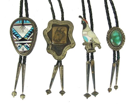 Bolo Tie Collection: Various Ages, Collection of four silver bolo ties including a Zuni mosaic inlay signed "TJ," a Zuni inlay quail (hallmarked), a Navajo oval with Godber turquoise stone, and a scrimshaw ivory version f