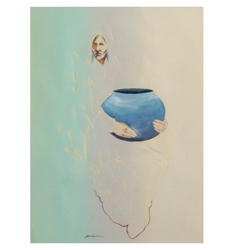 Bert Seabourn, Cherokee (b. 1931): Ca. 1970s, Unique signed original multimedia on sculpted paper showing a woman holding a large blue pot. Very good condition. 26-1/2" x 20-1/2" (41" x 33-1/2" framed)