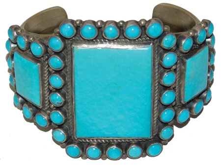 Navajo Bracelet - Dean Brown: Ca. 1980s, Beautiful heavy gauge silver bracelet set with matching Persian blue turquoise. Very good condition. 5-3/8" + 1-1/4" x 2-1/8"