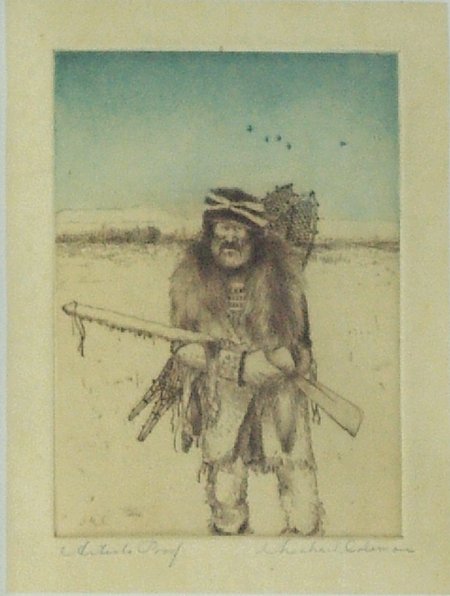 Michael Coleman (b. 1946): Ca. 1984, Hand colored and initialed limited edition (artist's proof) etching of a shivering mountain man with musket and snow shoes. Very good condition. 8-3/4" x 6-3/4" (15-5/8" x 13-3/8" fr.)