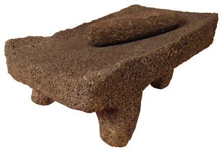 Grinding Stone: Ca. 1950s, Mexican metate and mano stone for grinding grains or corn for tortillas. Good condition, no cracks, three legs. 18" x 12"
