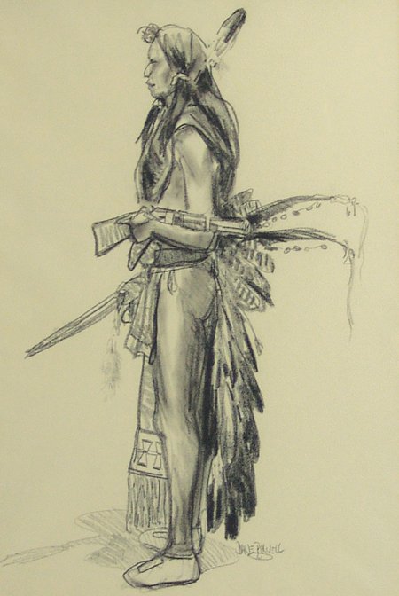 Dave Powell (b. 1954): Late 1900s, Huge signed original monotone charcoal on paper of a crow man with gun and bow. Very good condition. 23" x 17" (32-1/4" x 25-1/2" framed)