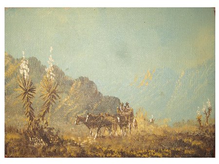 Lester Hughes (b. 1940): Ca. 1980s, Very fine unframed miniature oil on canvas depicting a stagecoach going through the pass, signed. 7" x 5"