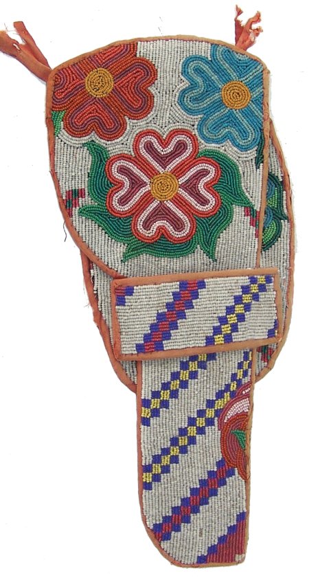 Cree Beaded Holster: Ca. 1920s, Beautiful old fully lazy stitch and contour beaded pistol holder with traditional stylized florals and cloth trim. Very good condition, with some edge erosion. 12" x 5"