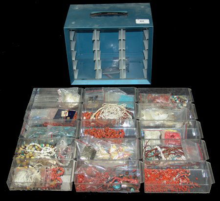 Jeweler's Supply Box: Various Ages, Large case with 15 drawers filled with coral, beads, shell, etc. From a jewelry repairman. Various conditions. Assorted sizes