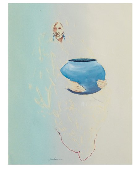 Bert Seabourn, Cherokee (b. 1931): Ca. 1970s, Unique signed original multimedia on sculpted paper depicting a woman holding a large blue pot. Very good condition. 26-1/2" x 20-1/2" (41" x 33-1/2" framed)