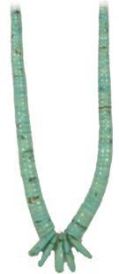 Pueblo Jacla Necklace: Circa 1980 Beautiful, hand honed, graduated turquoise bead necklace with traditional jacla "corns" also of turquoise. 30"