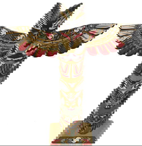 John Williams Totem Carving: Mid/Late 1900's Colorful, deep relief carved, NW Coast totem pole with outstretched wings on top eagle figure. 12" x 11"