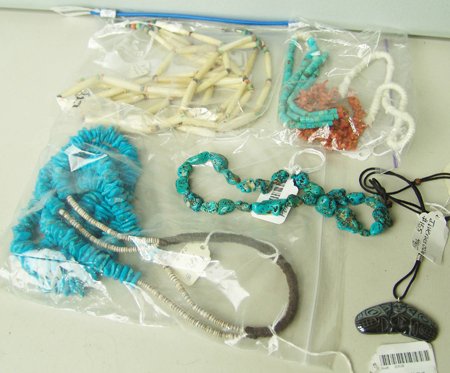 5 Indian Jewelry: Various Ages, A 4-strand real bone bead necklace with colored bead spacers, 28"; a 14" turquoise nugget strand; a NW Coast hematite carved whale tail pendant on necklace string, broken in center; a be