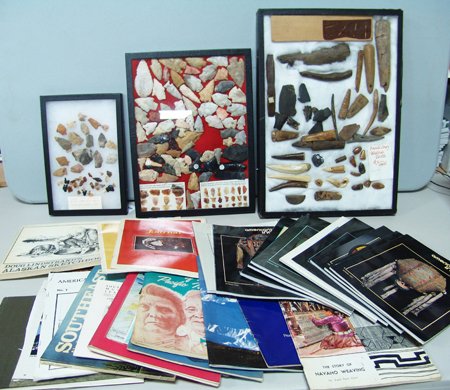 Artifacts, Books, and Magazines: Various Ages, A mounted collection of rock shards from Columbia River near Rock Creek, Klickitat County, WA , largest 1-1/2" x 2"; a mounted collection of points, stone tools, and flake samples from C