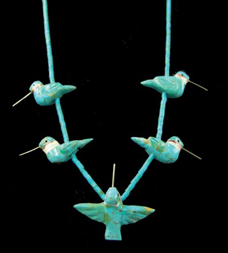 Turquoise Fetish Necklace - Matt Mitchell: Early 2000s, Very fine original design hand carved hummingbird fetish necklace, each fetish with a protruding silver beak. Very good condition. 24"