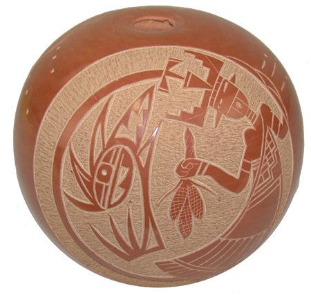 Santa Clara Pottery Vessel - Haungooah (Art Cody): Late 1900s, Very fine miniature sgraffitto redware seed pot, the central design a corn maiden kachina. Very good condition. 2" x 2-1/4"