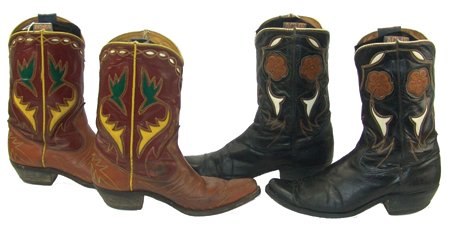 Vintage Cowboy Boots: Mid 1900s, Two pairs of vintage boots including a pair of brown size 8 with fancy stitched green and yellow inlays, plus a pair of black size 9-1/2 with inlays in brown and white. Both in good used co