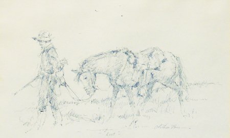Arthur Boos (1927-2009): Ca. 1970s, Signed pen and ink depicting a mountain man leading his horse. Very good condition. 7-3/4" x 12" (14-1/2" x 18-1/4" matted)