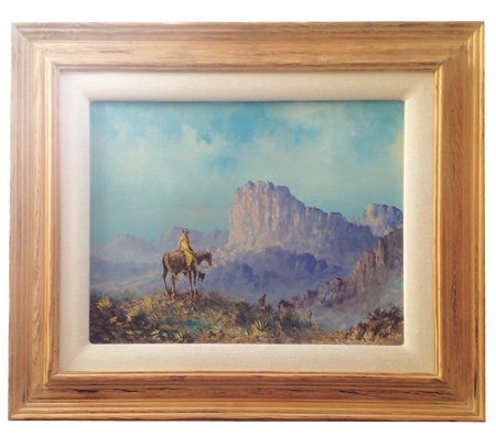 Lester Hughes (b. 1940): Ca. 1990s, Signed oil on canvas depicting a landscape and a cowboy on a horse near Sedona Bluff. Good condition. 20" x 16" (29" x 25" framed)