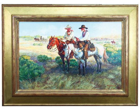 Dave Powell (b.1954): Ca. 1990s, The famous signed original oil-on-linen depicting Robert Duvall and Tommy Lee Jones as Gus and Woodrow from Lonesome Dove, and titled "Just Once I Would Like To Shoot A Educated Man." Very