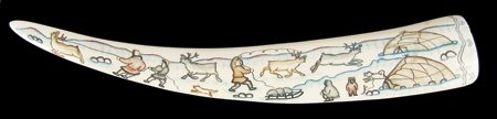 Greenland Eskimo Ivory Tusk: Ca. 1980s, Fantastic fully etched and inked scrimshaw tusks with elaborate northern scenes on both sides done in colors, signed on end. Excellent condition. 1-1/8" x 2" x 14" *Click