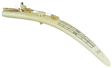 Eskimo Ivory Cribbage Board - Ellie Kulrh: Mid 1900s, Spectacular extra long (30") carved ivory walrus tusk depicting a hunter, polar bears, dog, sled, and canoe in a scene at the rear. Very good condition, some glued repairs. 4-3/4" x 30" x 3