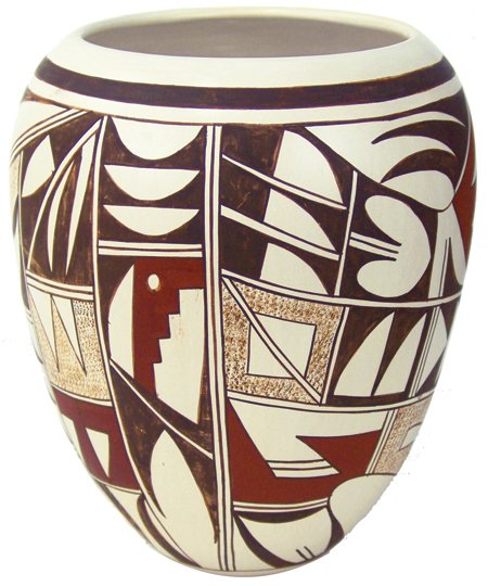 Hopi Pottery Jar - Joy Navasie (1919-2012): Ca. 1977, Graceful "Frog Woman" vase/jar with traditional avian motif done on her signature buff slip. Includes photo of Joy holding vase! Very good condition with minor scuffs, as expected. 9" x 7-1/