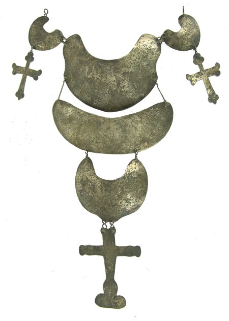 Historic Trade Silver Gorgets: 19th Century, Fantastic, eight-piece, intact etched German silver neckpiece featured in Lar Hotham's book (5th Edition, page 122) and part of the long time display of trade goods at Freya's in Banff.