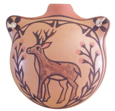 Zia Pottery Canteen: Ca. 2010, Contemporary redware pottery canteen in rare form for a Zia Pueblo piece, with deer figure. Signed Ruby Panana Zia. 6-1/2" x 6"