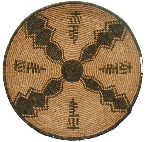 Apache Basket: Apache Basket Circa 1910 Outstanding, tightly woven tray with dark center, crosses, and four prayer stick designs; excellent condition. 4" x 17-1/2"