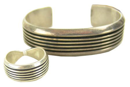 Navajo/Zuni Bracelet & Ring: Late 1900s, Fine contemporary design all-silver bracelet signed "FJ," plus a matching ring singed "PB." Both in excellent condition. 8-1/8" + 3/4" x 1-1/4", ring size 11-3/4