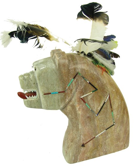 Isleta Stone Sculpture - Andy Abeita: Late 1900s, Impressive hand carved soapstone "heartline bear" sculpture with feathers and inlaid stone. Very good condition. Signed "AT" on bottom. 14" x 14" x 3"