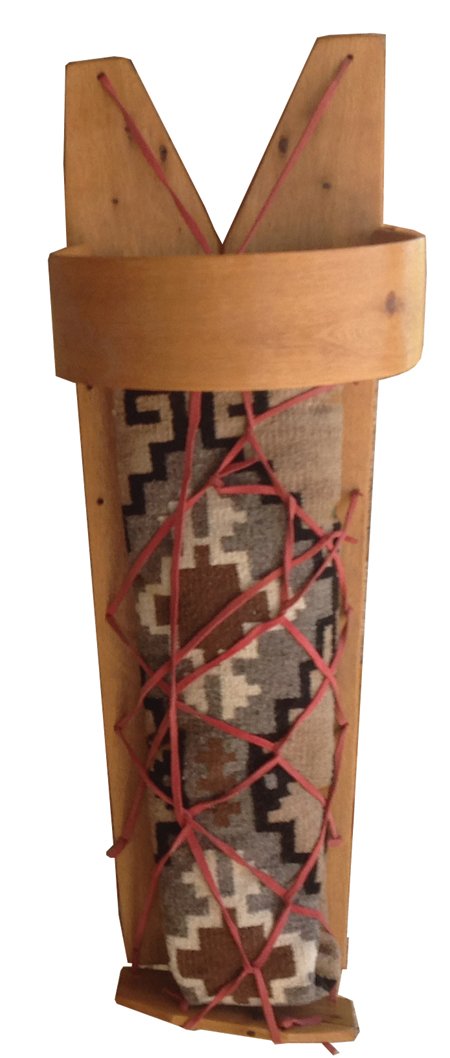 Navajo Cradle: Ca. 1950s-1980s, Classic yellow pine baby carrier with leather ties. 32" x 10"