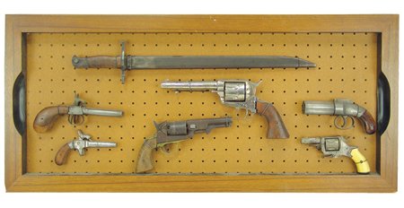 Antique Pistol Display: Late 1800s, Wonderful display containing five great antique pistols and Derringers, plus an old bayonette. All in good display condition. 15" x 33" Click here